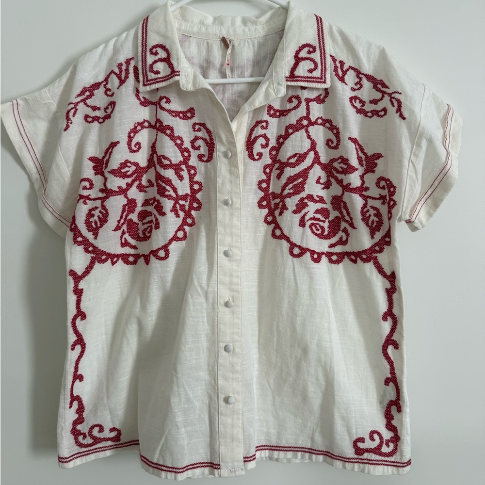 S Free People white Western button up with Red Embroidery